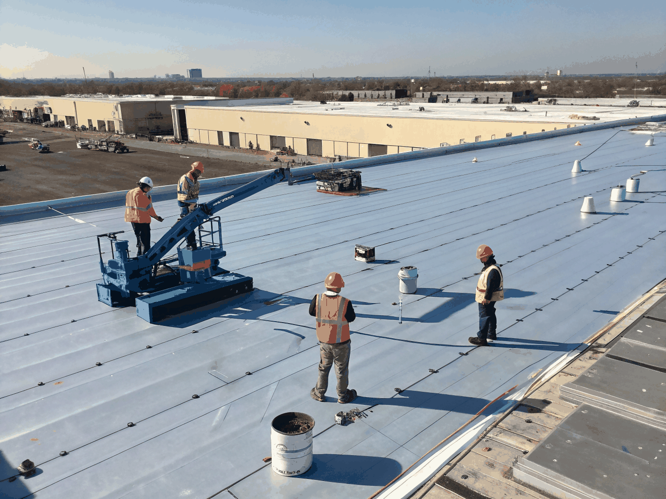 Commercial roof coating application on an industrial building