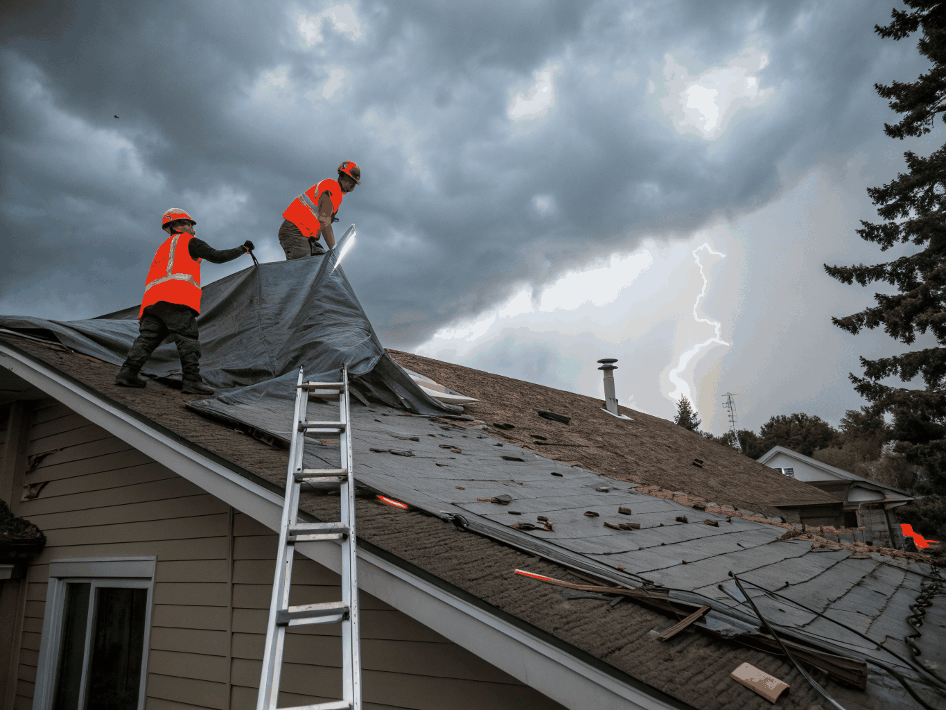 Technician performing emergency roof repair after a storm